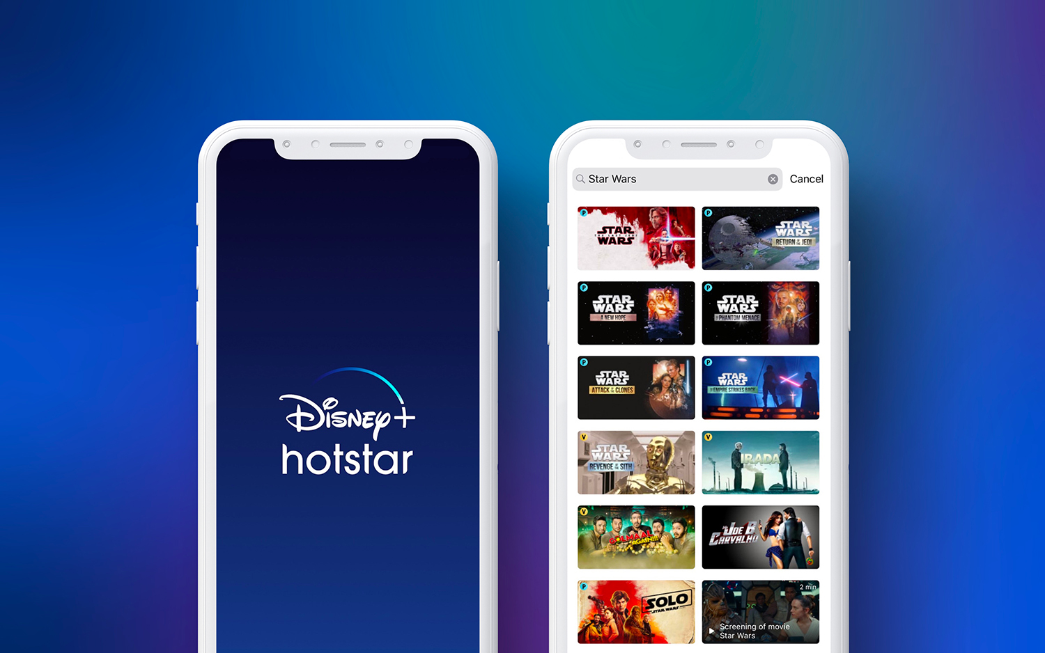two smart phone screens displaying Disney-Hotstar splash and home screens