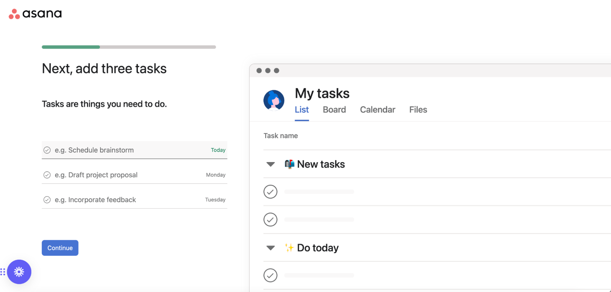 asana product onboarding - prompting user to add three tasks
