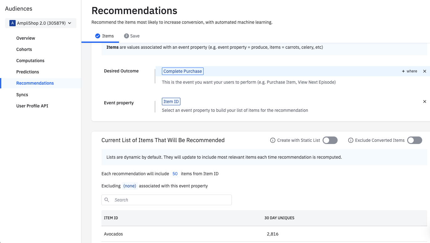 A screenshot of how to create a list of personalized item recommendations
